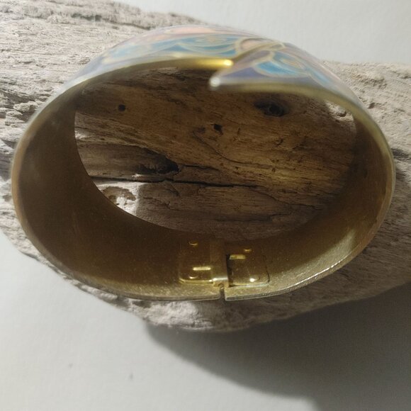 Vintage Hinged Cloisonné Butterfly Bracelet Gold Tone Enamel Bold Design Jewelry - Picture 6 of 10